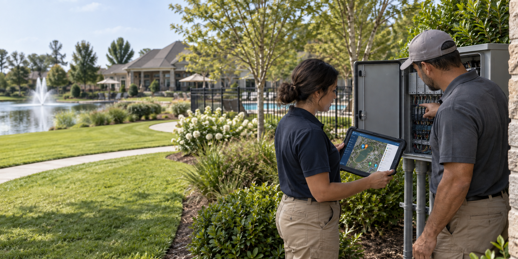 Facilities professionals reviewing a mapped property record at shared irrigation equipment