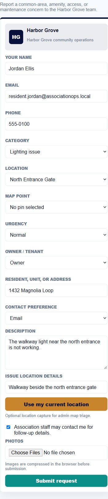 Actual mobile resident request form with Harbor Grove sample branding and fictional resident data. Fields include category, location, description, issue location details, optional GPS, photos and Submit request.
