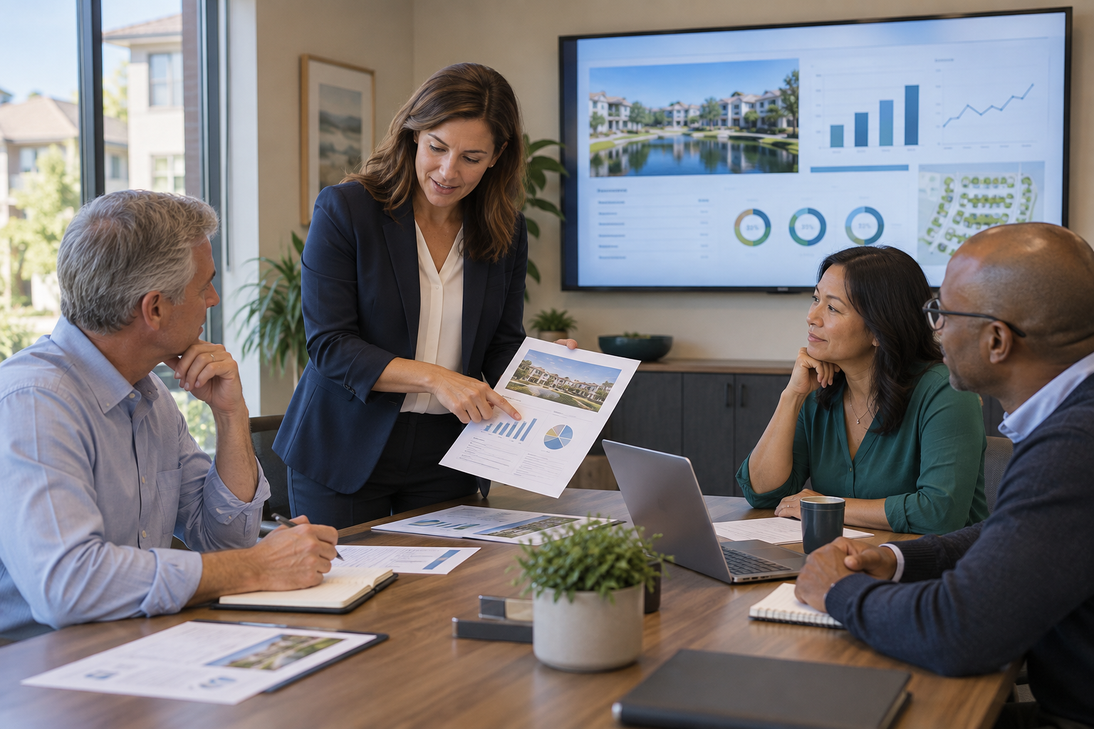 Community association manager presenting printed reports to three board members with a weekly dashboard on screen