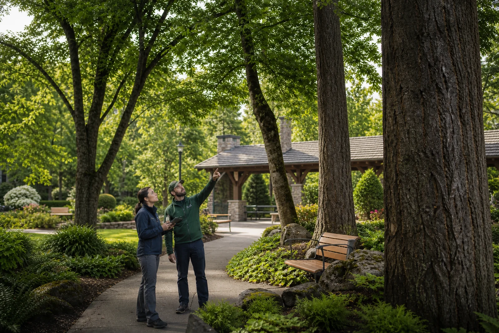 Association field staff inspecting mature trees beside shared Pacific Northwest community grounds