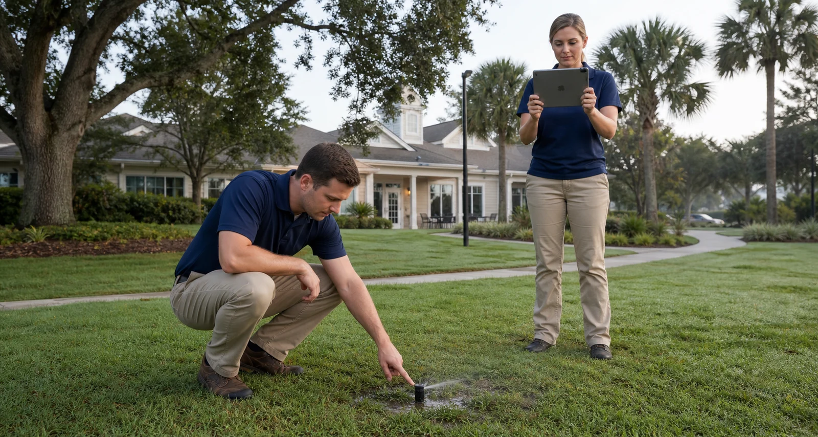 Field team reviewing turf and irrigation conditions at a Southeastern community association
