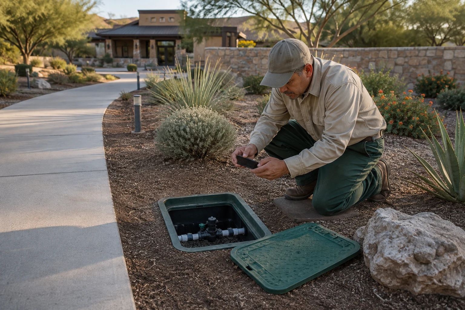 Inspector documenting irrigation infrastructure in a water-conscious Southwestern community