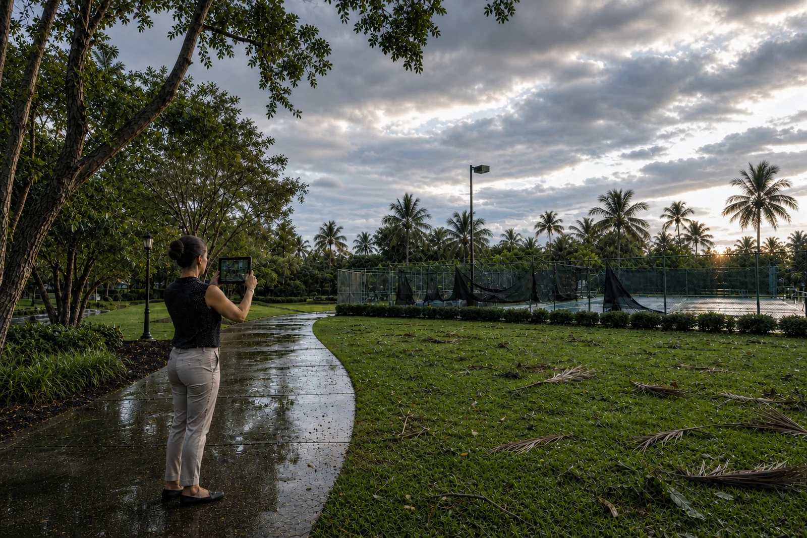 Community association team documenting common-area landscape conditions after a summer storm