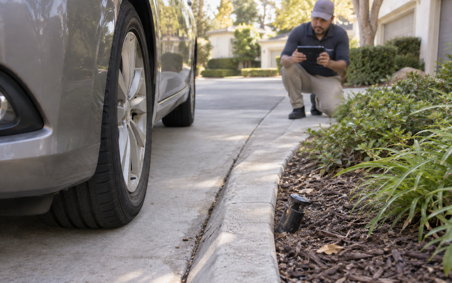 Field technician documenting a damaged irrigation head beside a shared community driveway