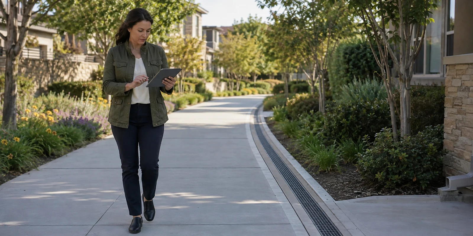 Community manager reviewing a tablet beside a landscaped path and trench drain