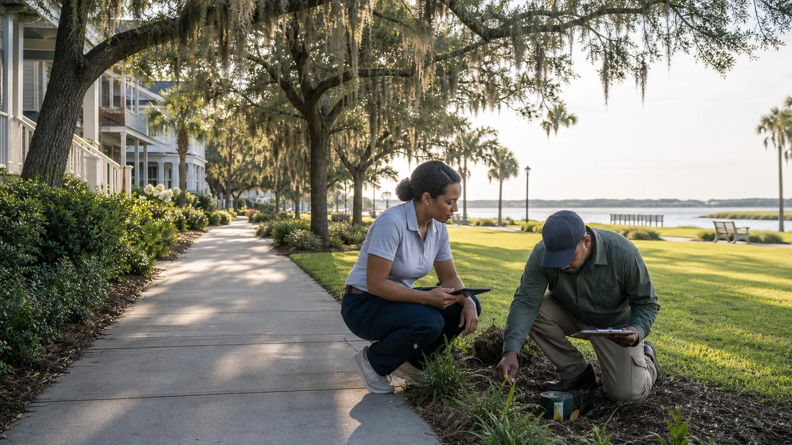 Community operations team inspecting a landscape issue beside a waterfront common green