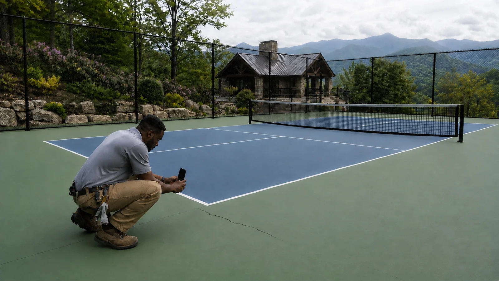 Property professional documenting a crack on a mountain-community pickleball court