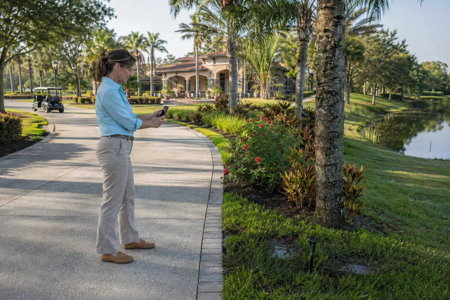 Property professional documenting an irrigation or drainage condition beside shared community amenities